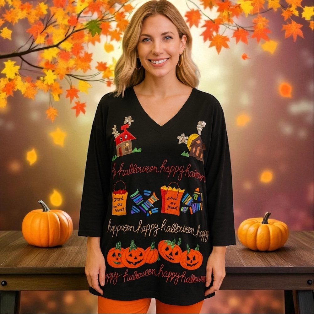 Vintage‎ Accessory Lady Happy Halloween Embroidered Blouse Holiday Pumpkin M